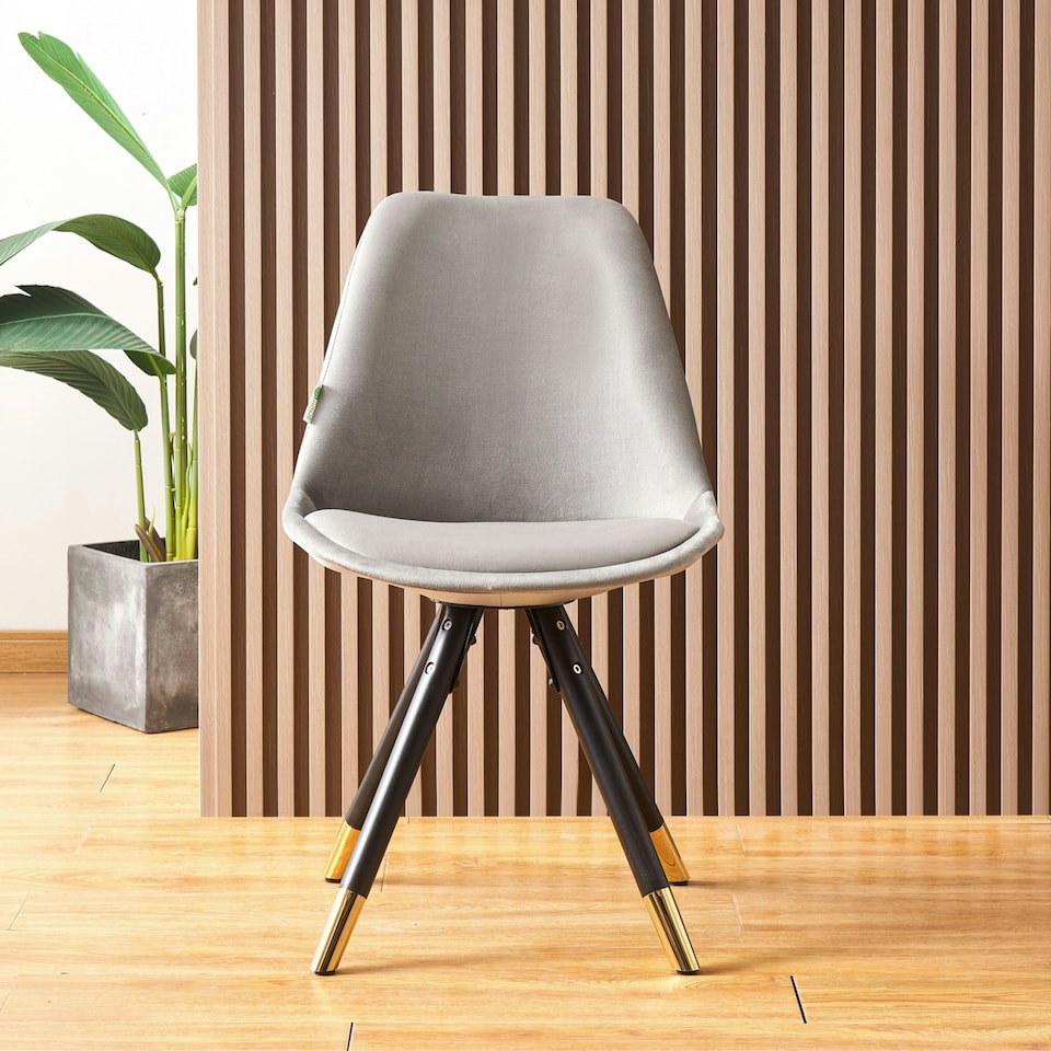 image 1 of Single Sofia Ergonomic Modern Dining Chair Upholstered in Velvet, Metal Legs with Gold End Tips | Grey | Dark Grey