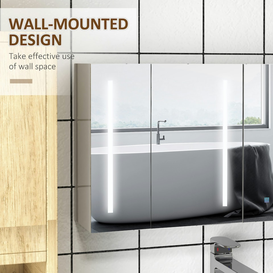 image 1 of kleankin Wall Mounted Bathroom Storage Cupboard with Light, Mirror and Shelf