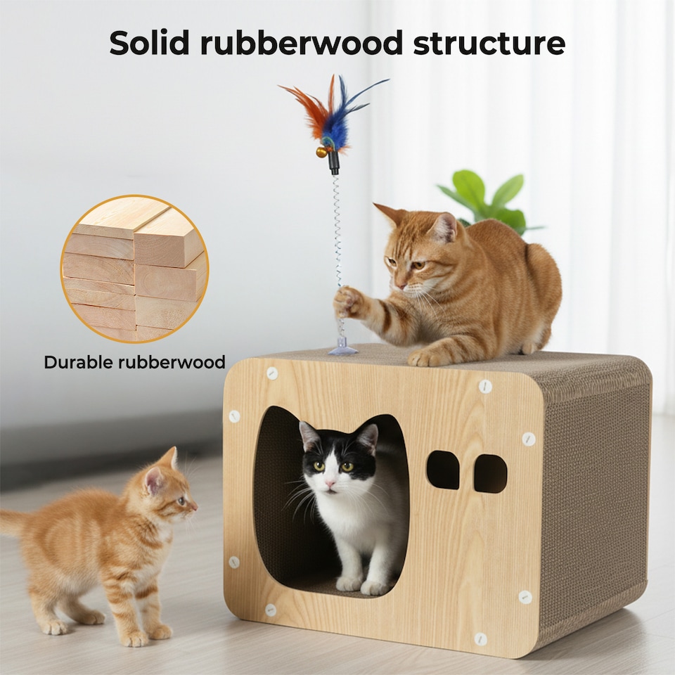 image 1 of Skylos Cat Scratching Post Cardboard House with Toy Indoor Cat Scratcher