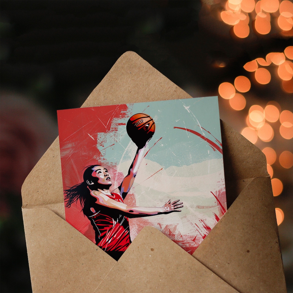 image 1 of Sport Basketball Women Player Jump Bold Red Birthday Card