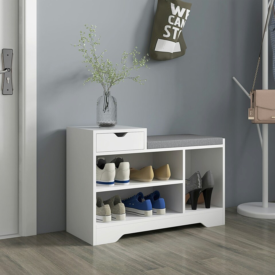 image 1 of HOMCOM Upholstered Entryway Shoe Bench with Storage Drawer Open Shelf White