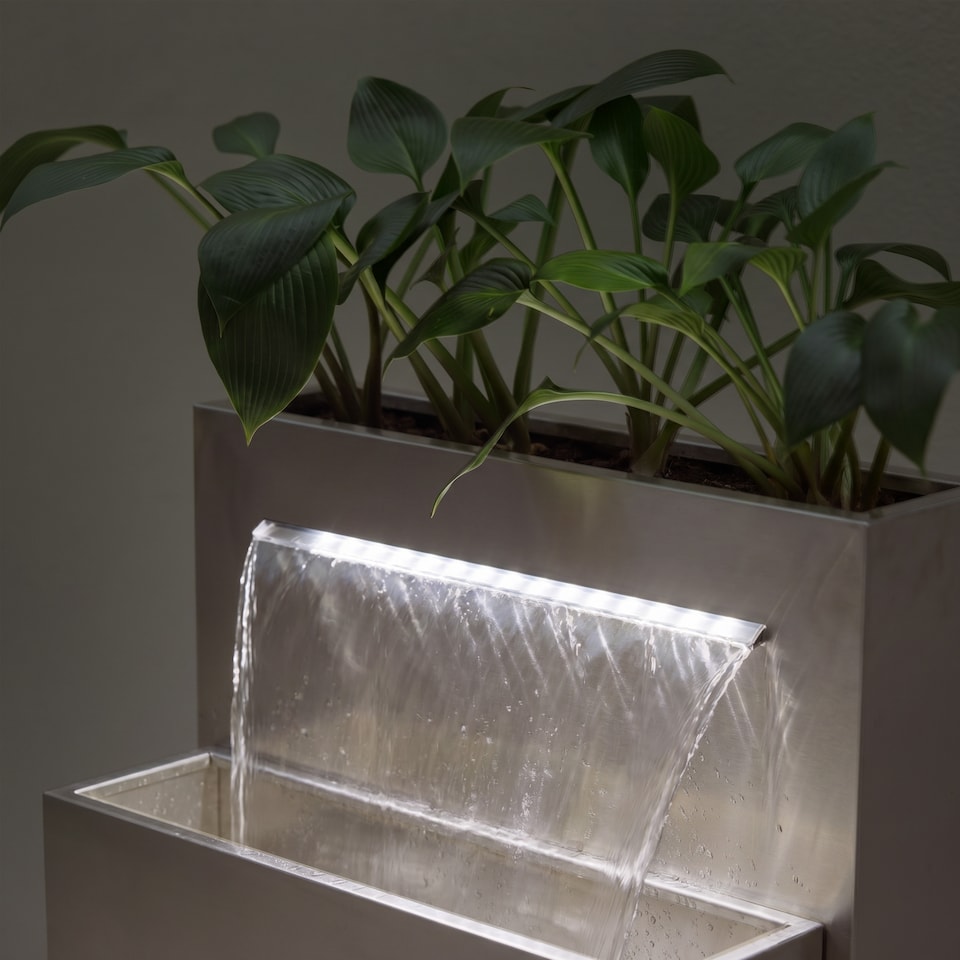 image 1 of Planter & Waterfall Cascade Silver Stainless Steel Outdoor Water Feature with Lights H89cm