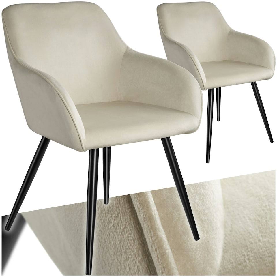 image 1 of Dining Chair Marilyn - with armrests, padded, velvet look, black steel legs - Set of 2 Cream | Cream/Black