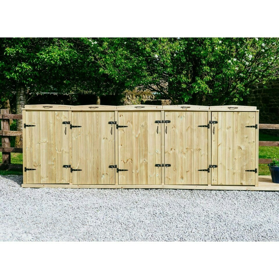 image 1 of Chatburn Quintet Wheelie Bin Store - Timber - L80.4 x W342.2 x H120 cm - Fits 4 x 180L or 4 x 240L & 1 x 140L Wheelie Bins Brown