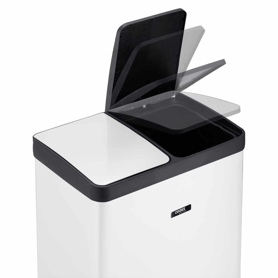 image 1 of Cooks Professional Dual Pedal Recycle Bin 60L with 2 x Compartments & Soft Close Lids | White