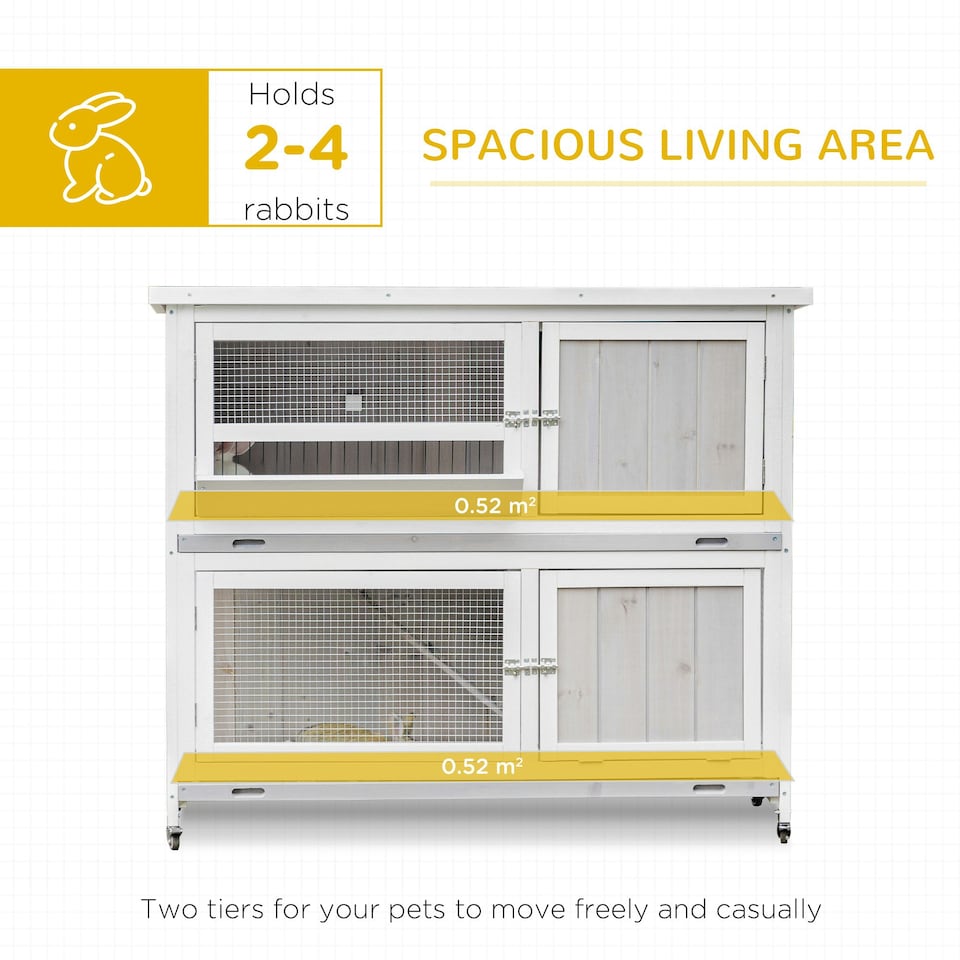 image 1 of PawHut Two-Tier Wooden Rabbit Hutch, with Wheels, Trough, Rain Cover, Tray