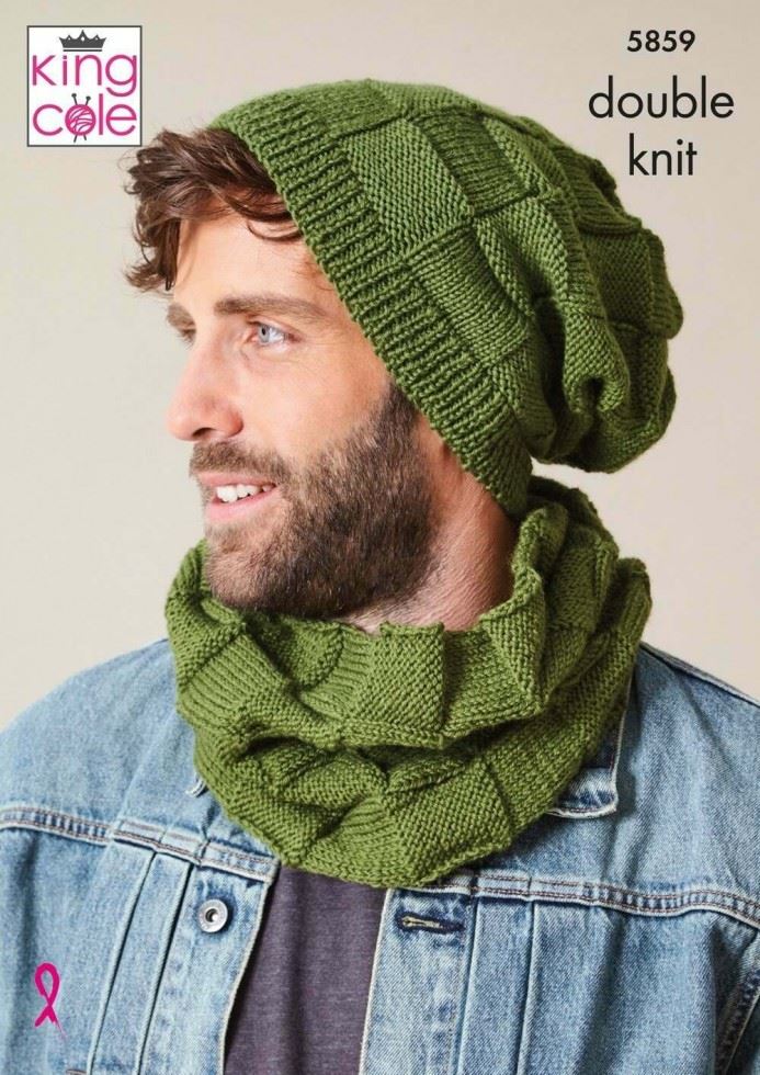 King Cole Merino Blend DK Knitting Pattern 5859, Headwear and Scarves for Men - One Size