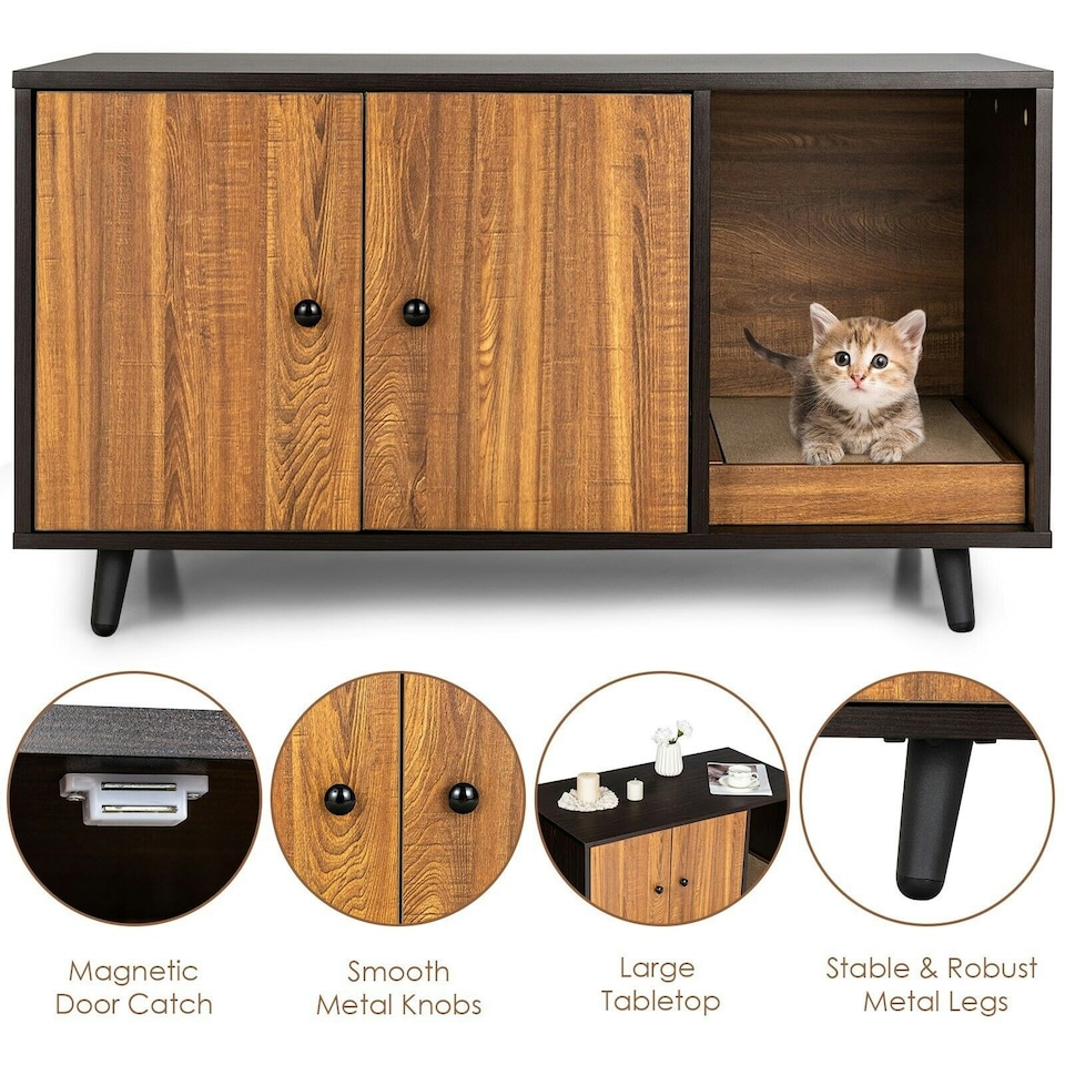 image 1 of COSTWAY Cat Litter Box Enclosure Furniture Hidden Washroom
