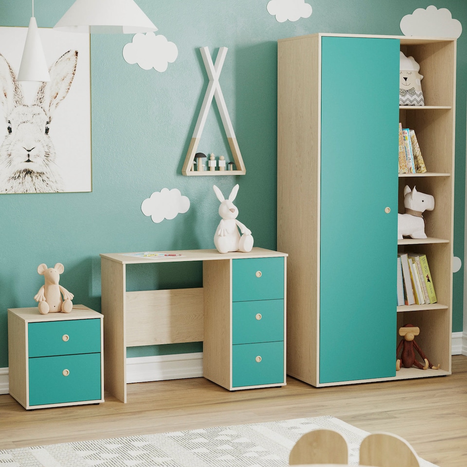 image 1 of Junior Vida Neptune 3 Piece Bedroom Set, Blue & Oak (Desk, Bedside Table, Wardrobe) | Blue | Blue | L | 3