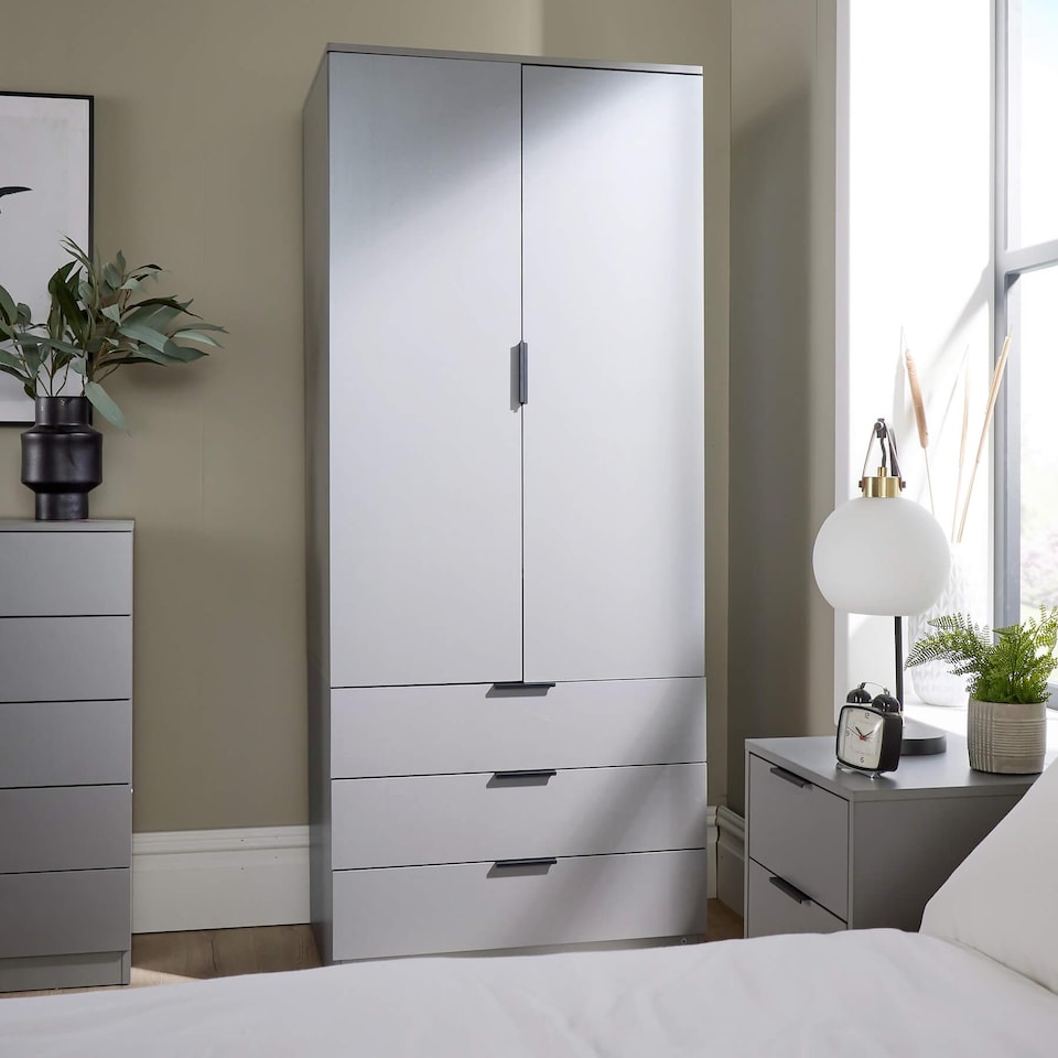 image 1 of Phoenix Wardrobe 2 Door 3 Drawers Bedroom Home Furniture Clothing Storage Shelf | Grey