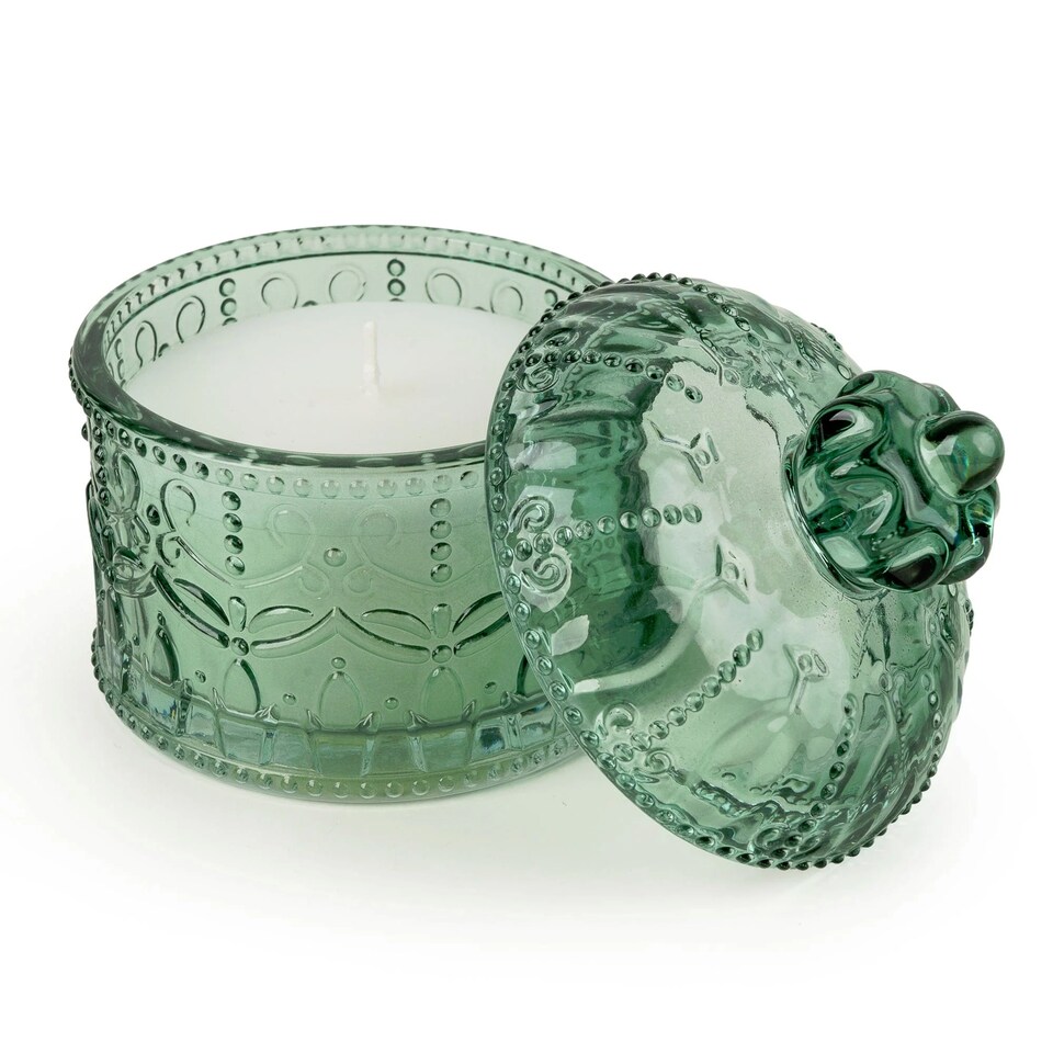 image 1 of Round Embossed Candle Jar Chengdu Green