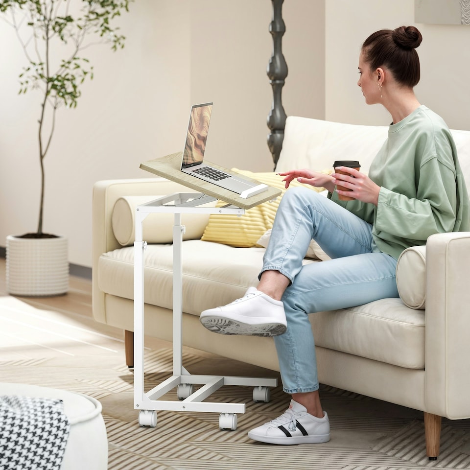 image 1 of HOMCOM C-Shaped Sofa Side Table, Height Adjustable Overbed Table, Oak | Brown | White | Adjustable height 62.5-82.5 cm | 1