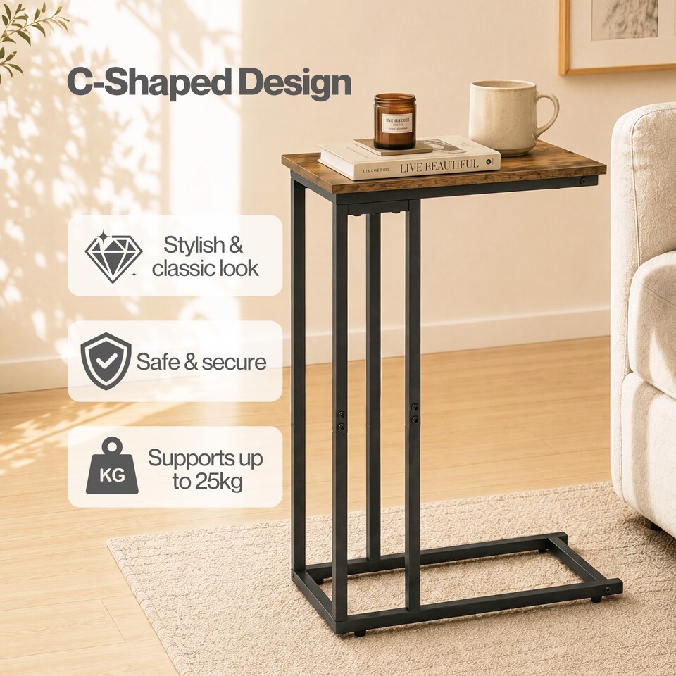 image 1 of Levede Side Table C Shaped Space Saving for Sofa Bedroom Rustic Brown