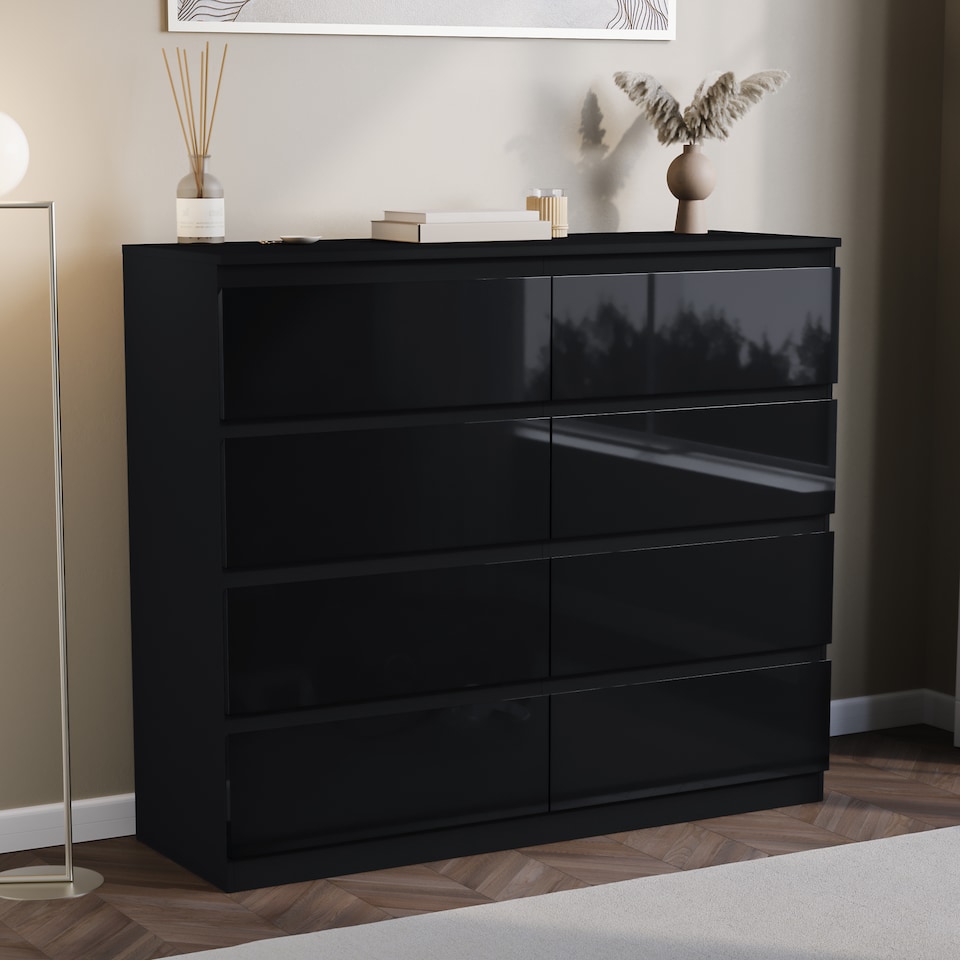 image 1 of Vida Designs Glinton 3 Piece FSC Certified Bedroom Set (2 Drawer Bedside Chest, 8 Drawer Chest, 3 Door 2 Drawer Wardrobe), Black | Black | Black | L | 3
