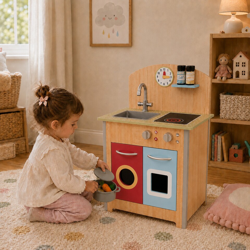 image 1 of Teamson Kids Wooden Play Kitchen with 4 Accessories, Wooden, Porto