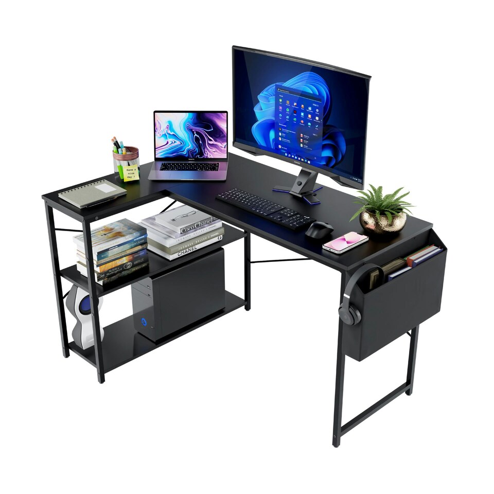 image 1 of DMD Reversible L-Shaped Computer Desk with Storage Shelves Black
