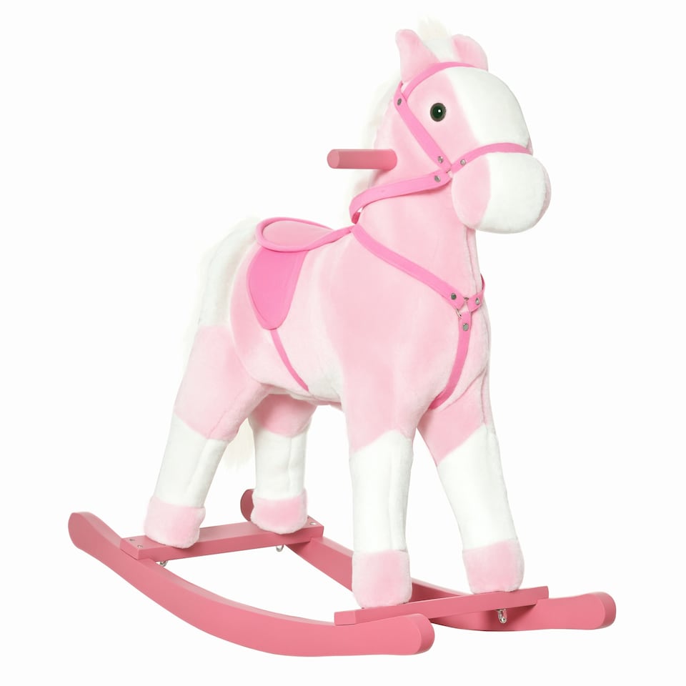 image 1 of HOMCOM Rocking Horse Toy Plush Wood Pony Riding Rocker Neigh Sound Pink