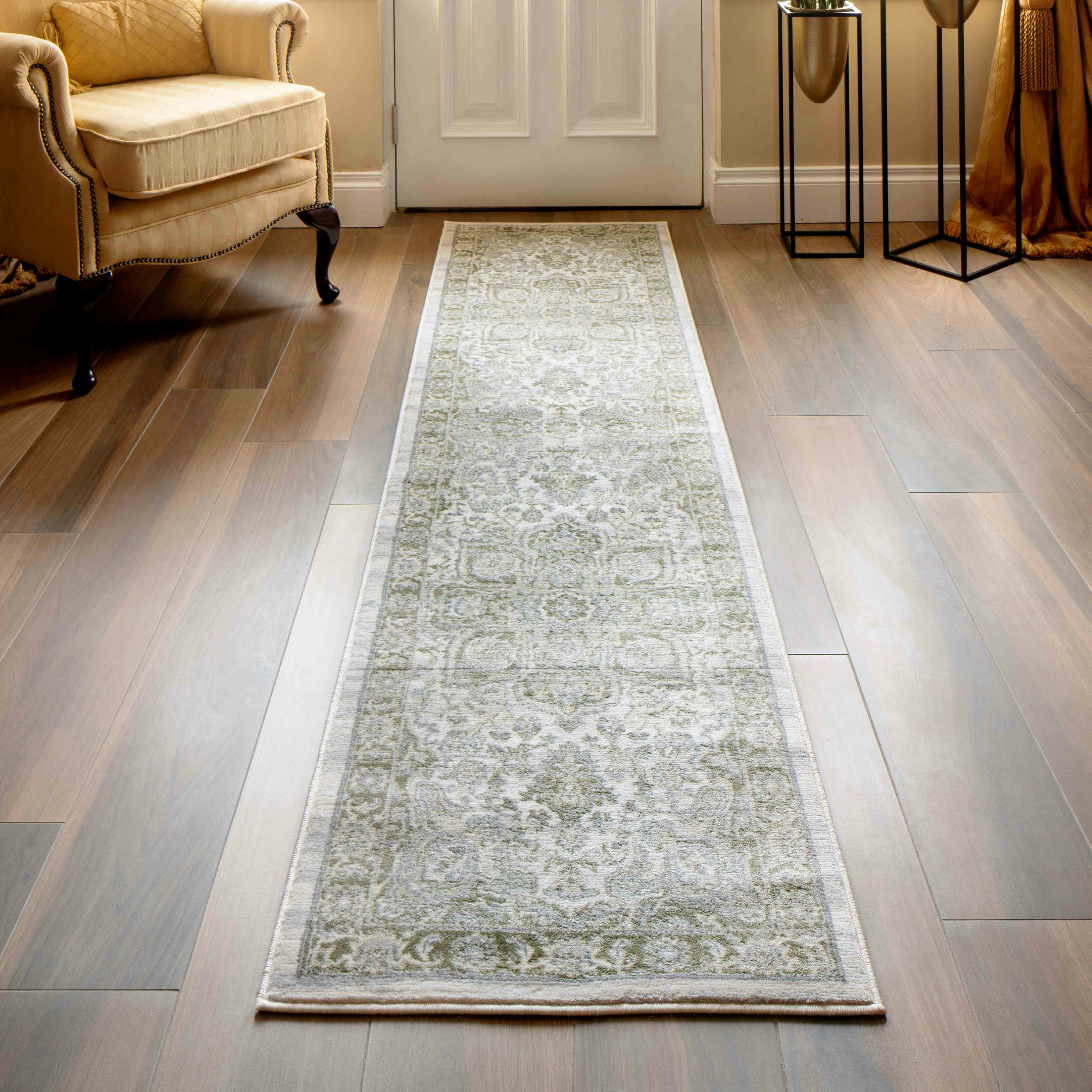 KUKOON Green Traditional Floral Style Bordered Runner Rug 60cm x 240cm | Green