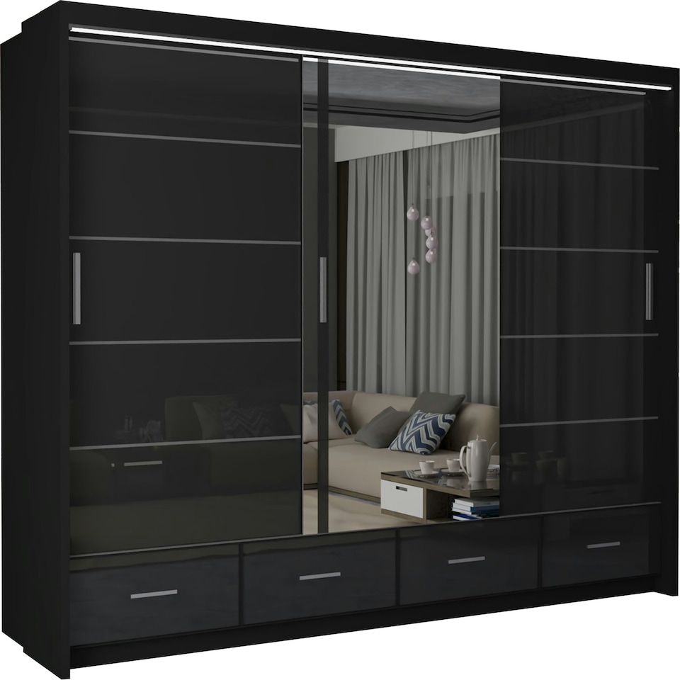 image 1 of Sleek High Gloss Sliding Wardrobe 255cm with Drawers | White/Black/Grey 3-Door Bedroom Storage White | White255cm