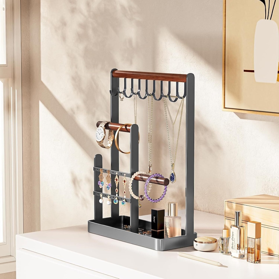 image 1 of Jewellery Stand Holder Wooden Ring Necklace Keys Organizer Tabletop Storage Tray