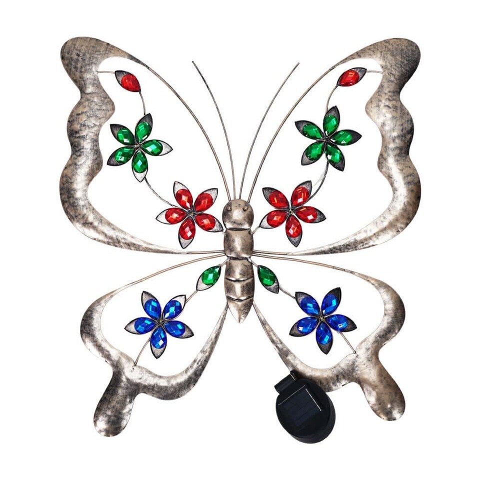 image 1 of ValueLights Solar Outdoor Multi Coloured Butterfly Wall Art Garden Fence Ornament Light