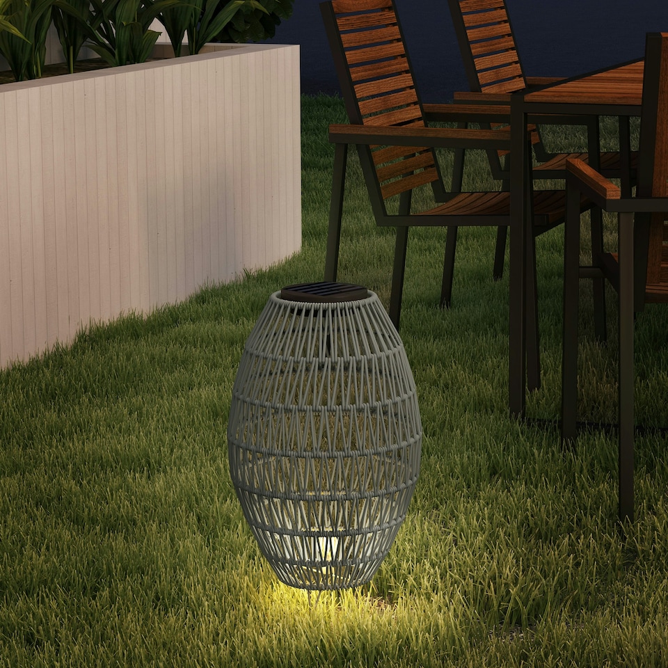 image 1 of Outsunny Rattan Solar Lamp, Auto On/Off Garden Lantern, Grey Grey