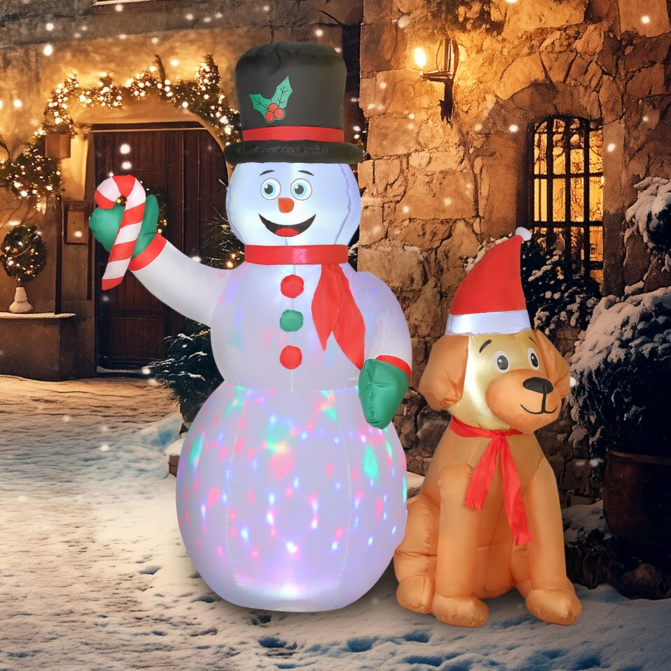 image 1 of Outsunny 6FT Christmas Inflatables Snowman & Dog with Built-in LED Lights and Flashing Light, Blow Up Christmas Inflatable Decoration for Indoor Outdoor Decor, Garden