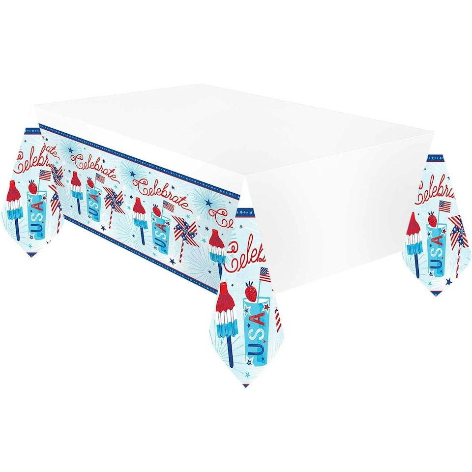 Amscan Celebrate USA Plastic Printed Party Table Cover - White/Blue - One Size