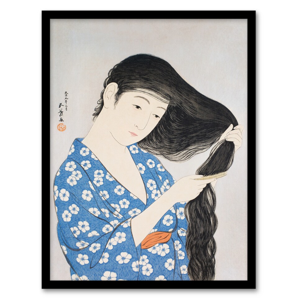 image 1 of Goyo Hashiguchi Framed Wall Art Print Woman Combing Her Hair Home Décor