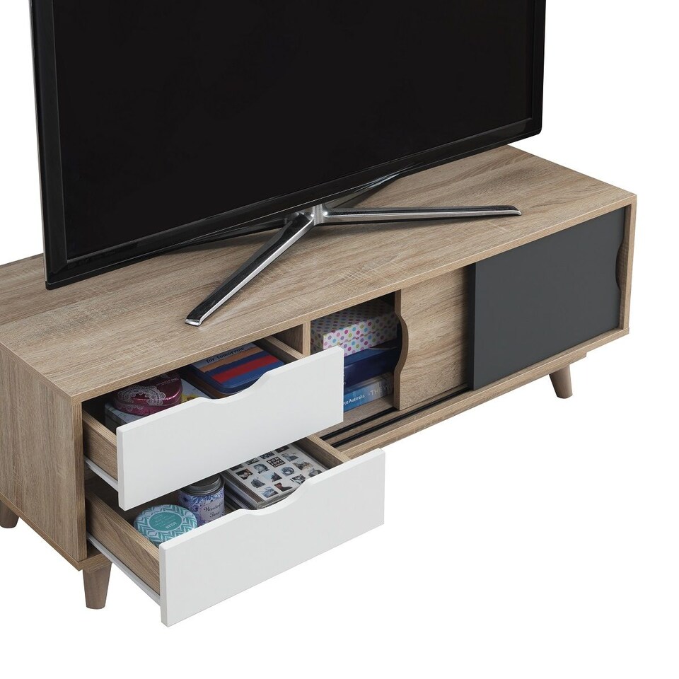 image 1 of Alford Scandinavian TV Unit Stand 120cm Media Cabinet & Drawers Oak Grey