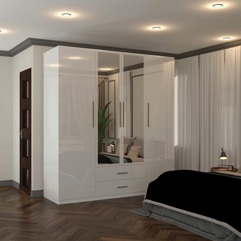 image 1 of Modern 4-Door High Gloss Wardrobe with Soft-Close Mirrors, Gold Accent Handles, Drawers & Shelves – 160cm Wide White | White160cm