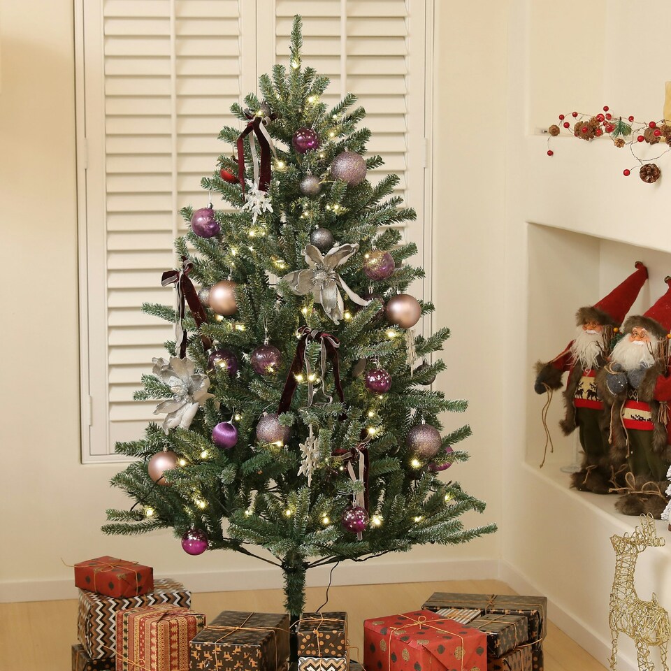 image 1 of HOMCOM 5ft Artificial Prelit Christmas Tree w/ LED Lights, Purple Ornaments