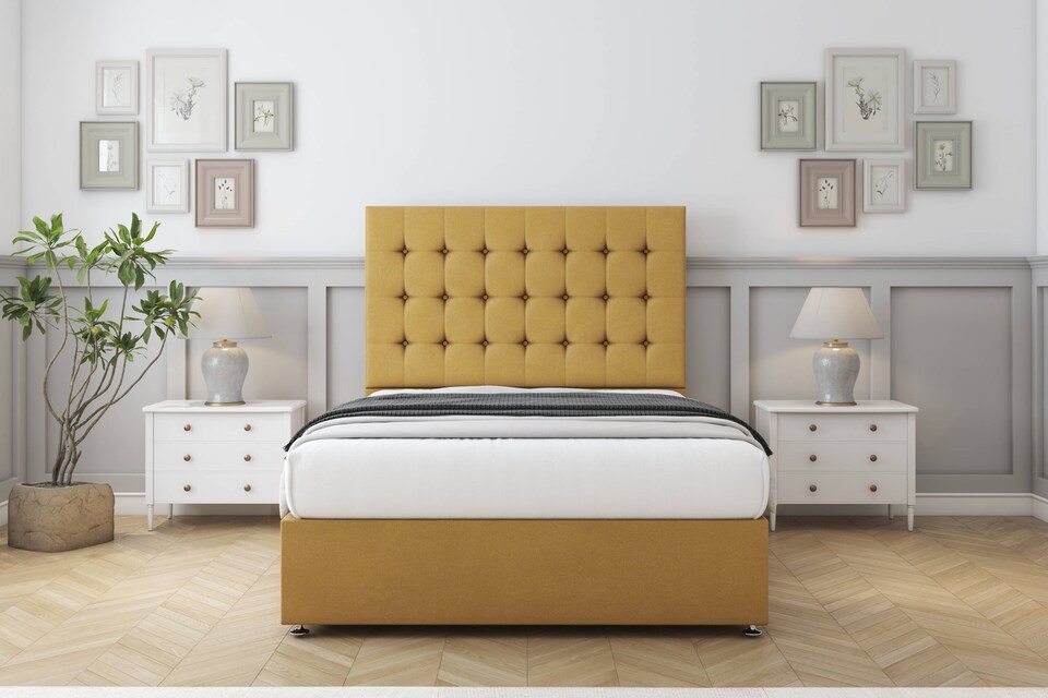 image 1 of Sloomy Alabama Mustard Plush Divan Bed Base 4 Drawers With 54 Inch Floor Standing Headboard | Gold | Mustard | Super King | 1
