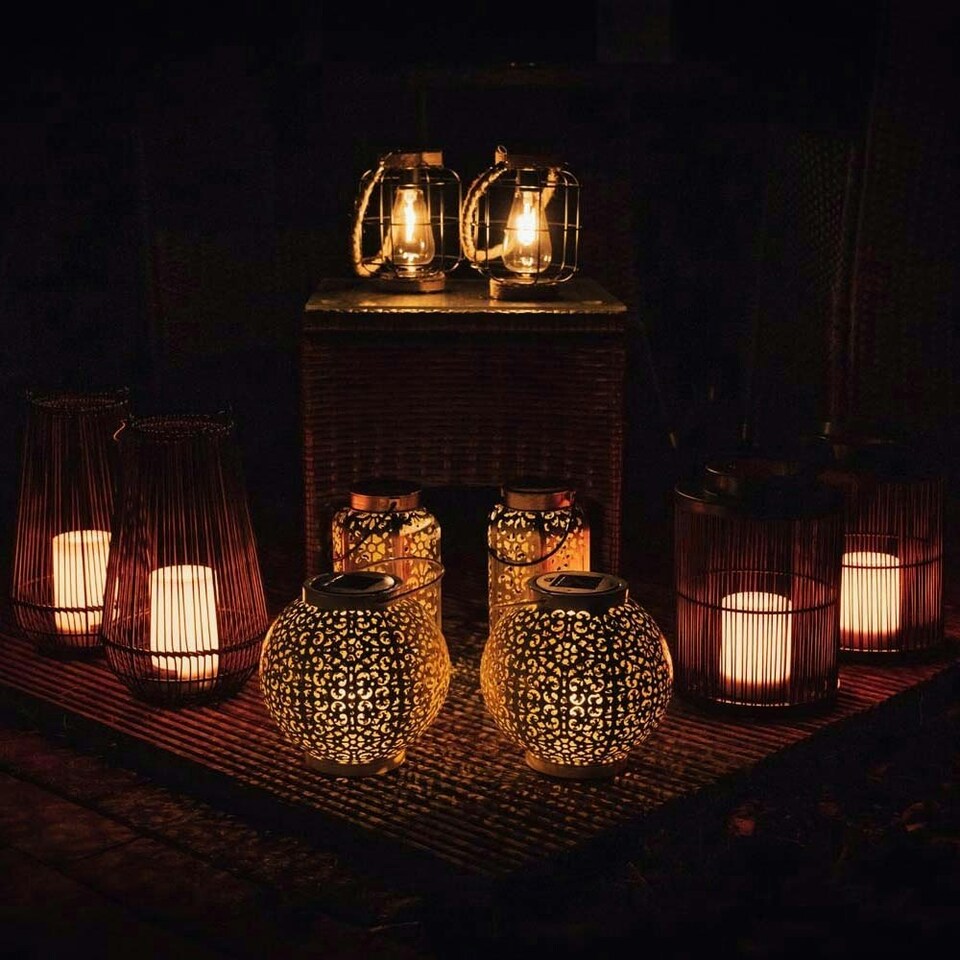 image 1 of ValueLights 2 pack of Solar powered Lantern cage with Hemp Rope Handle