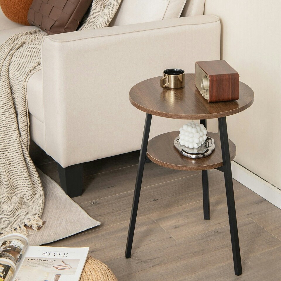 image 1 of COSTWAY Round Side Table Wooden 2-Tier Sofa End Table Brown