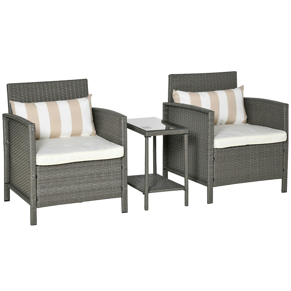 image 1 of Outsunny 3 PC Outdoor Rattan Sofa Set with Chairs Coffee Table Cushion