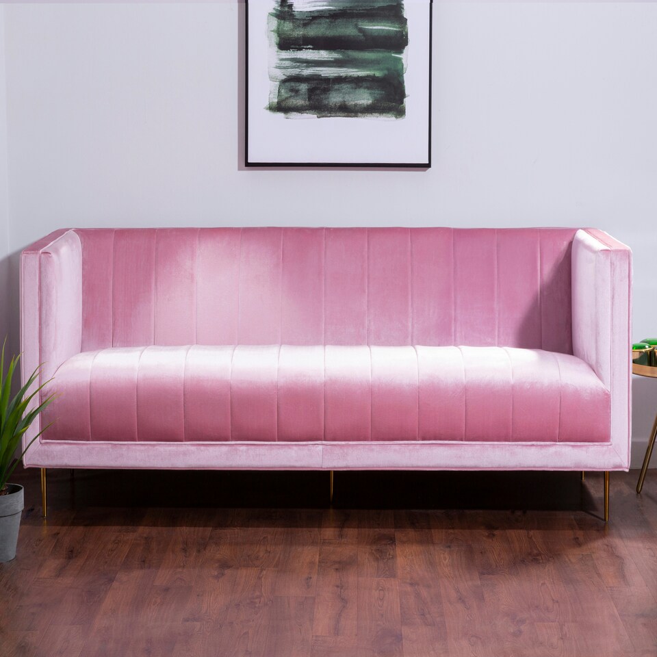 image 1 of Interiors by Premier 3 Seat Pink Sofa, Plush Pink Velvet Upholstered Settee Sofa, Classic Style Sofa Couch For Outdoor Patio Pink