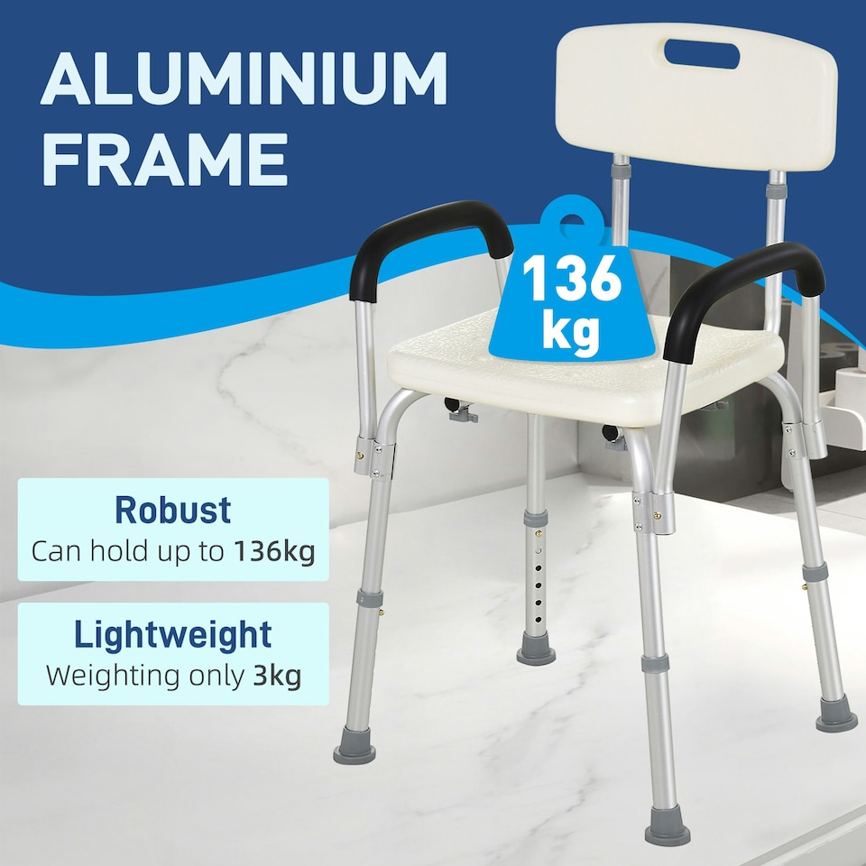 image 1 of HOMCOM Light Weight Aluminum Shower Bench Portable Lift Chair w/ Back & Armrest