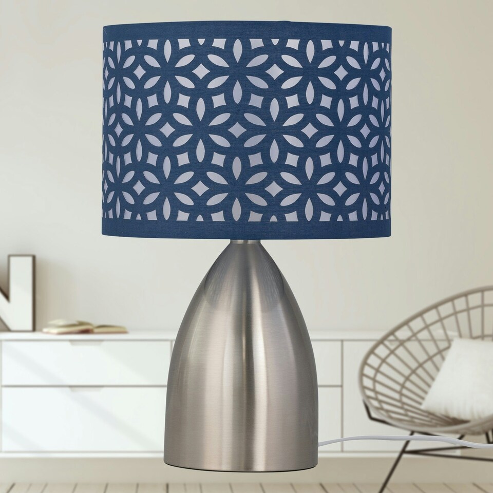image 1 of First Choice Lighting Valentina Brushed Chrome Touch Lamp with Navy Blue Cut Out Shade Silver | Blue