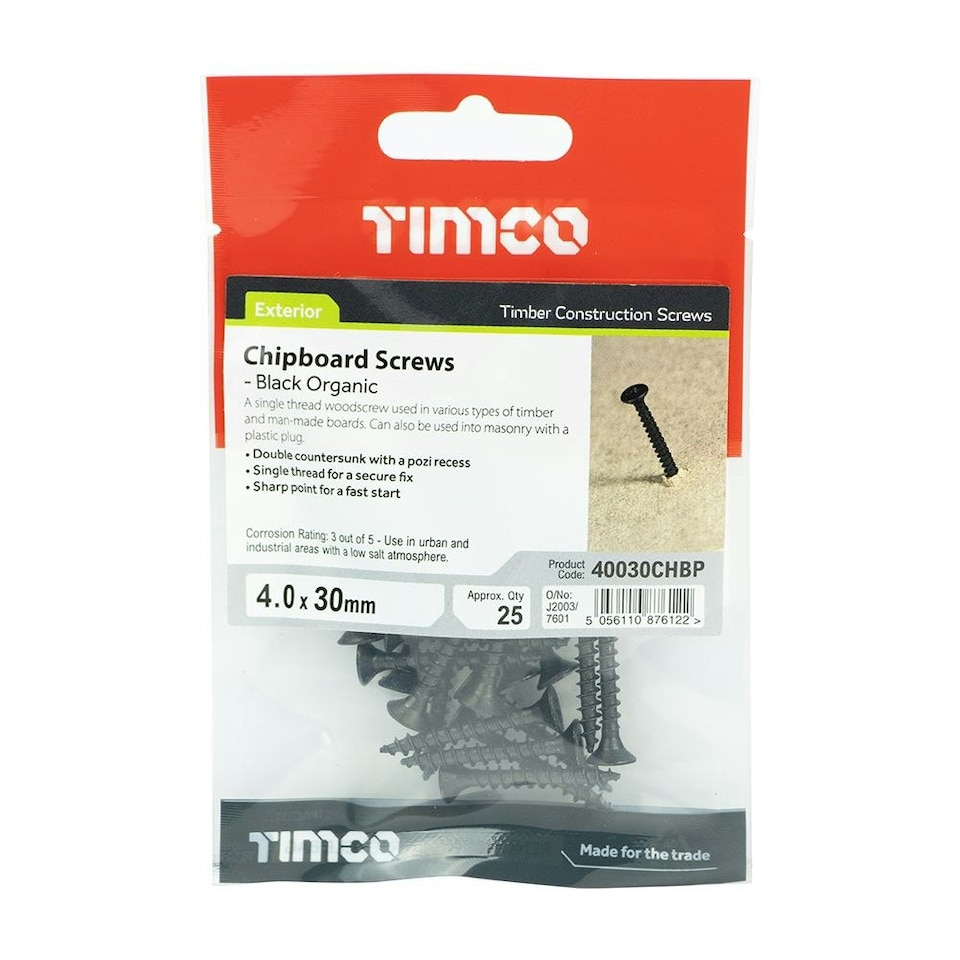 image 1 of Timco - Chipboard Screws - PZ - Double Countersunk - Exterior - Black Organic (Size 4.0 x 30 - 25 Pieces)