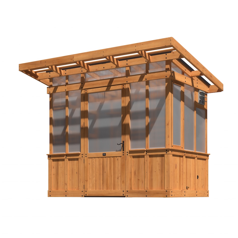 image 1 of Backyard Discovery Poppy Cedar Wood Polycarbonate Greenhouse with Pergola Front and Powerport 2.7m x 1.7m (9ft x 6ft)