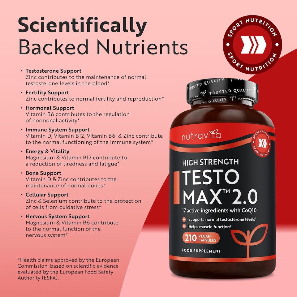 image 1 of Nutravita Test Booster for Men - 1450mg Testosterone Supplement - TESTOMAX 2.0 Incl. Ashwagandha KSM 66, CoQ10, Maca Root - 210 Vegan Capsules
