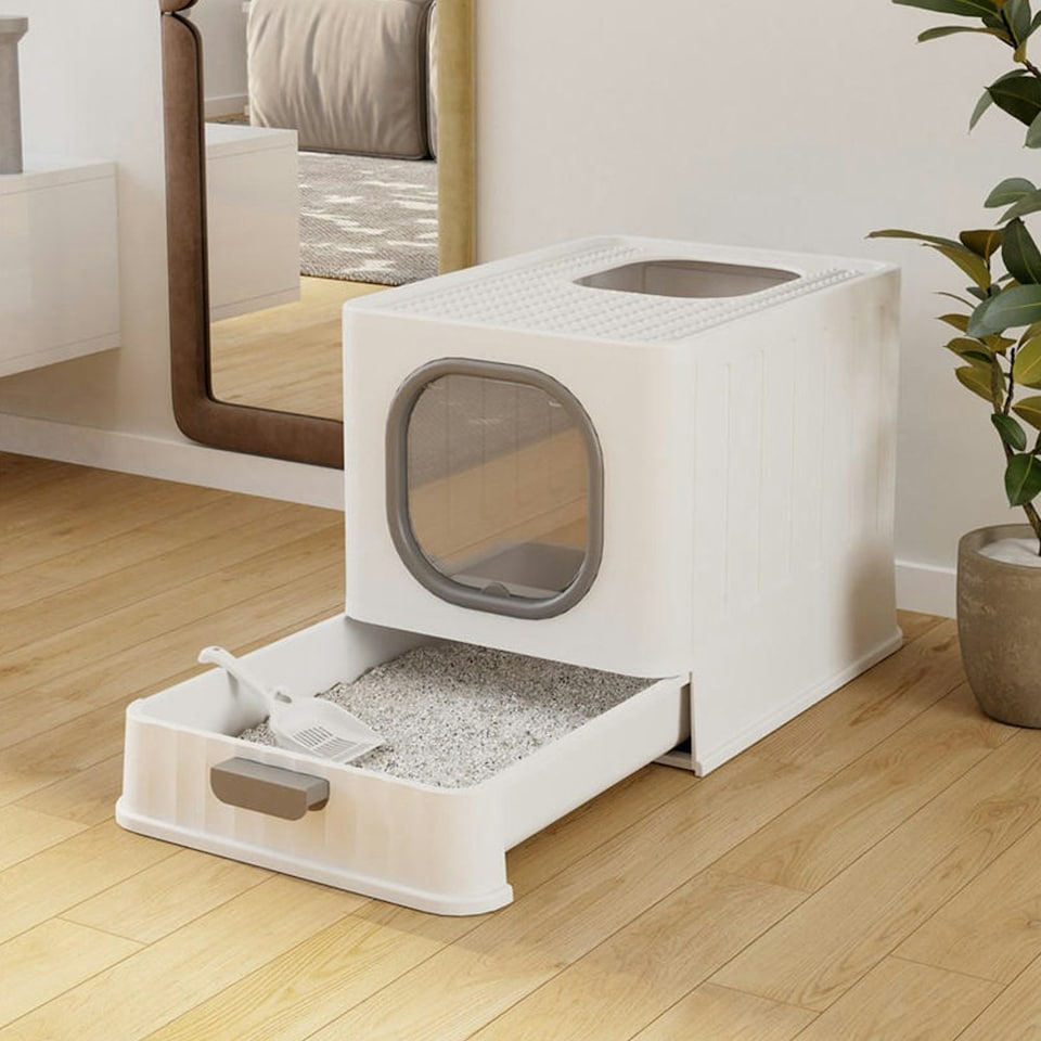 image 1 of Living and Home Enclosed Folding Cat Litter Box with Scoop, White