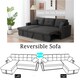 image 5 of Sofabed 3 Seater Reversible Sectional Sofa Sleeper Set with Storage Chaise, Built-in Cupholder, Decorative Rivets, Pull-out Bed, and Dark Grey Fabric Grey