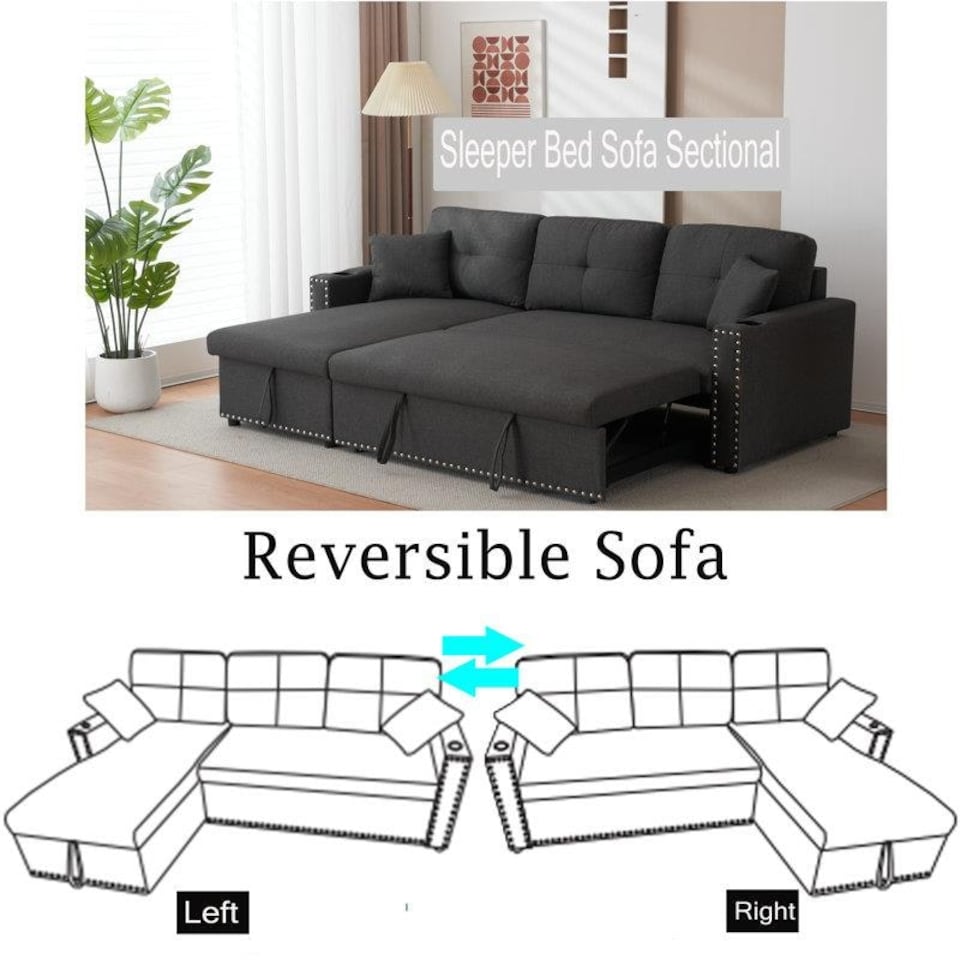 image 1 of Sofabed 3 Seater Reversible Sectional Sofa Sleeper Set with Storage Chaise, Built-in Cupholder, Decorative Rivets, Pull-out Bed, and Dark Grey Fabric Grey
