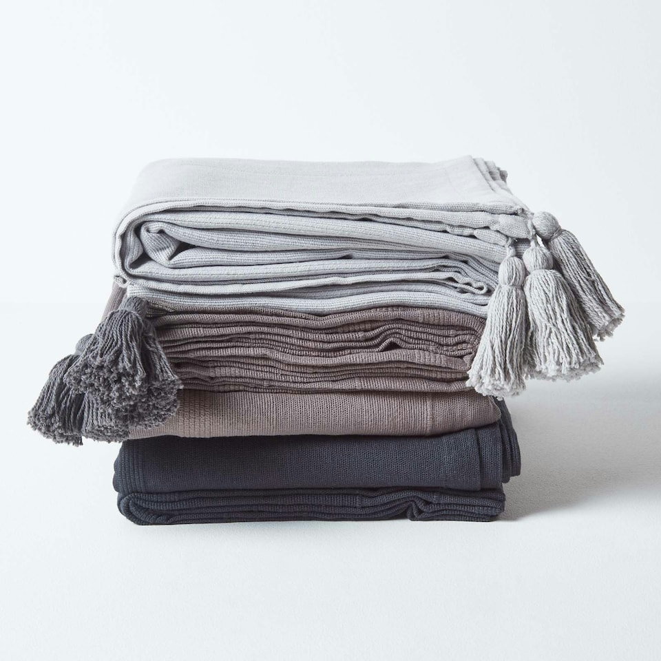 image 1 of Homescapes Cotton Rajput Ribbed Black Throw - 255 x 360 cm | Black