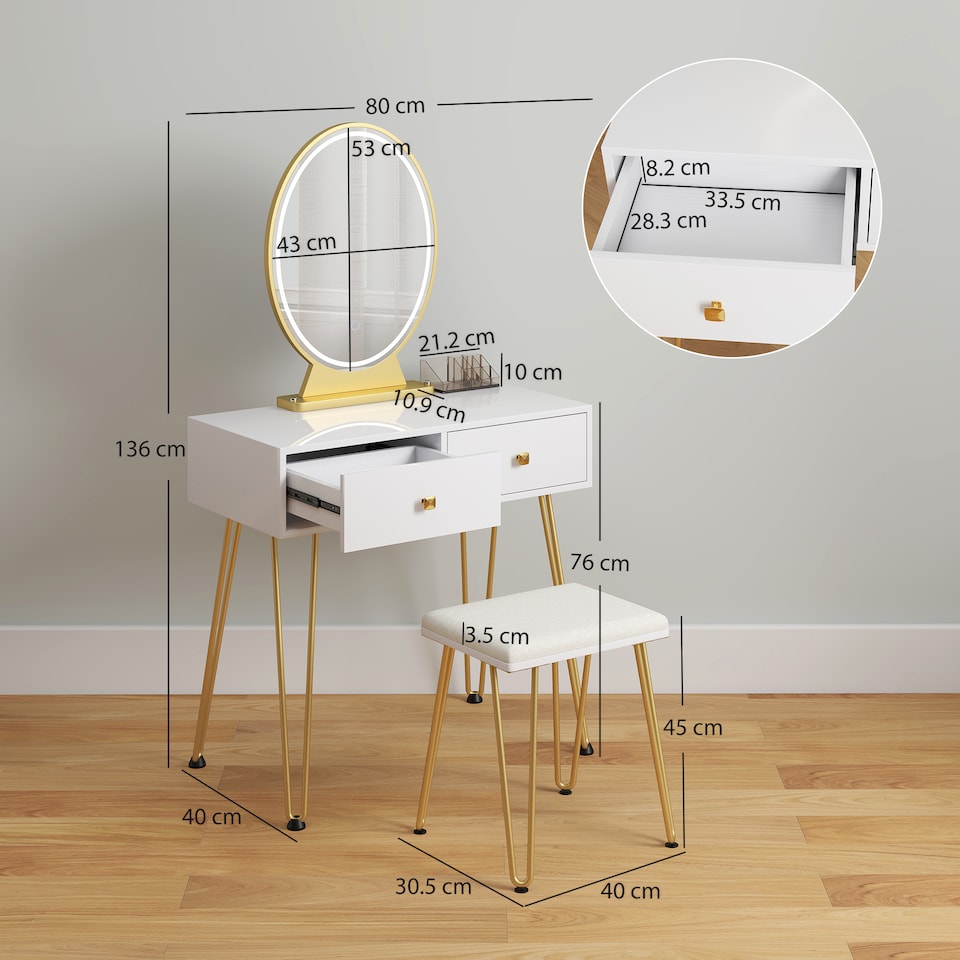 image 1 of HOMCOM Dressing Table Set With LED Mirror & Stool 2 Drawers Makeup Desk