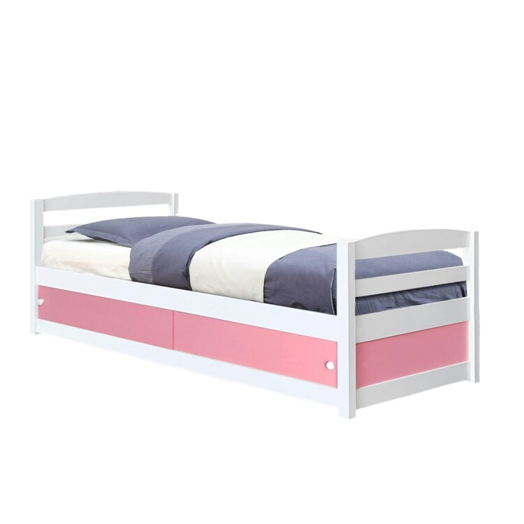 3Ft Single Wooden Bed Frame In White With Pink Storage Drawers