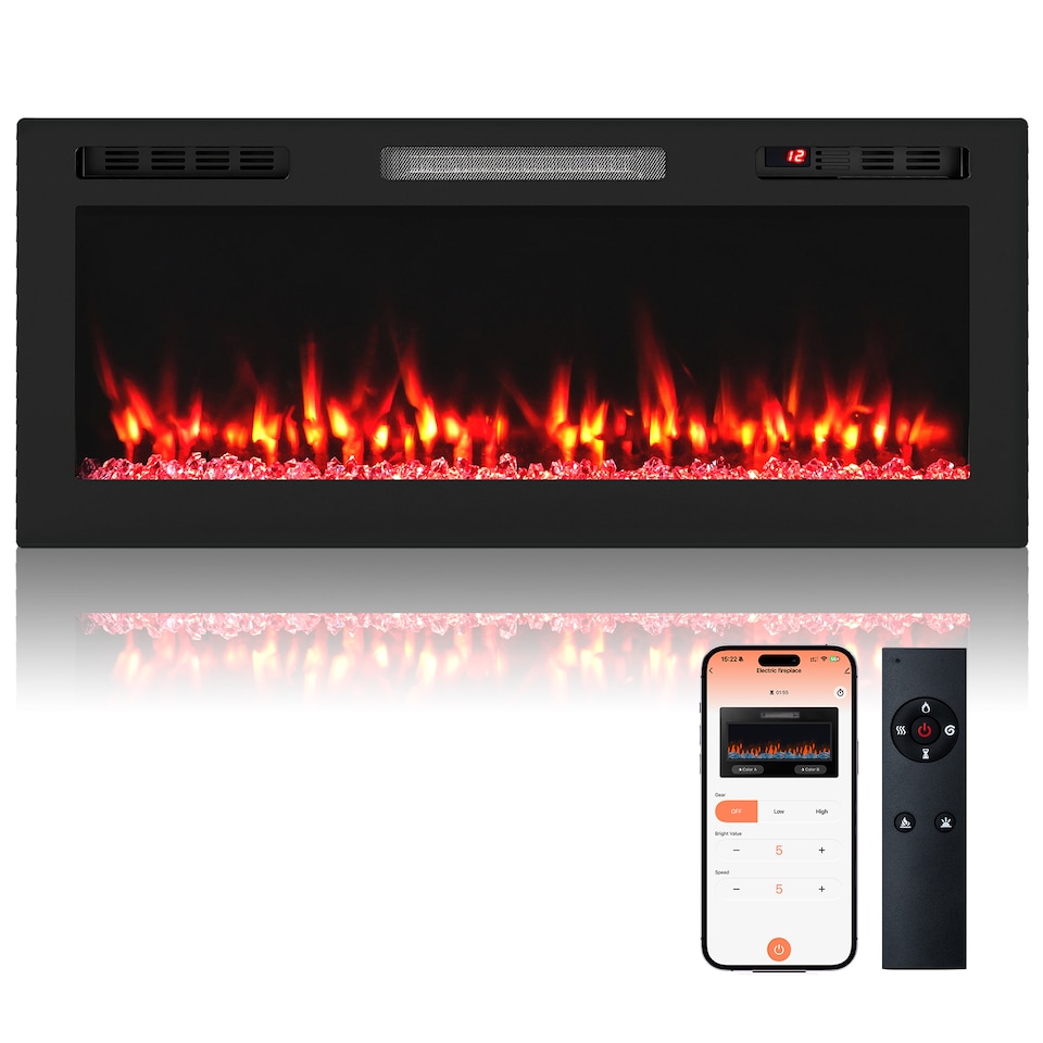 image 1 of COSTWAY 750W/1500W Recessed/Wall-Mounted Fireplace Black
