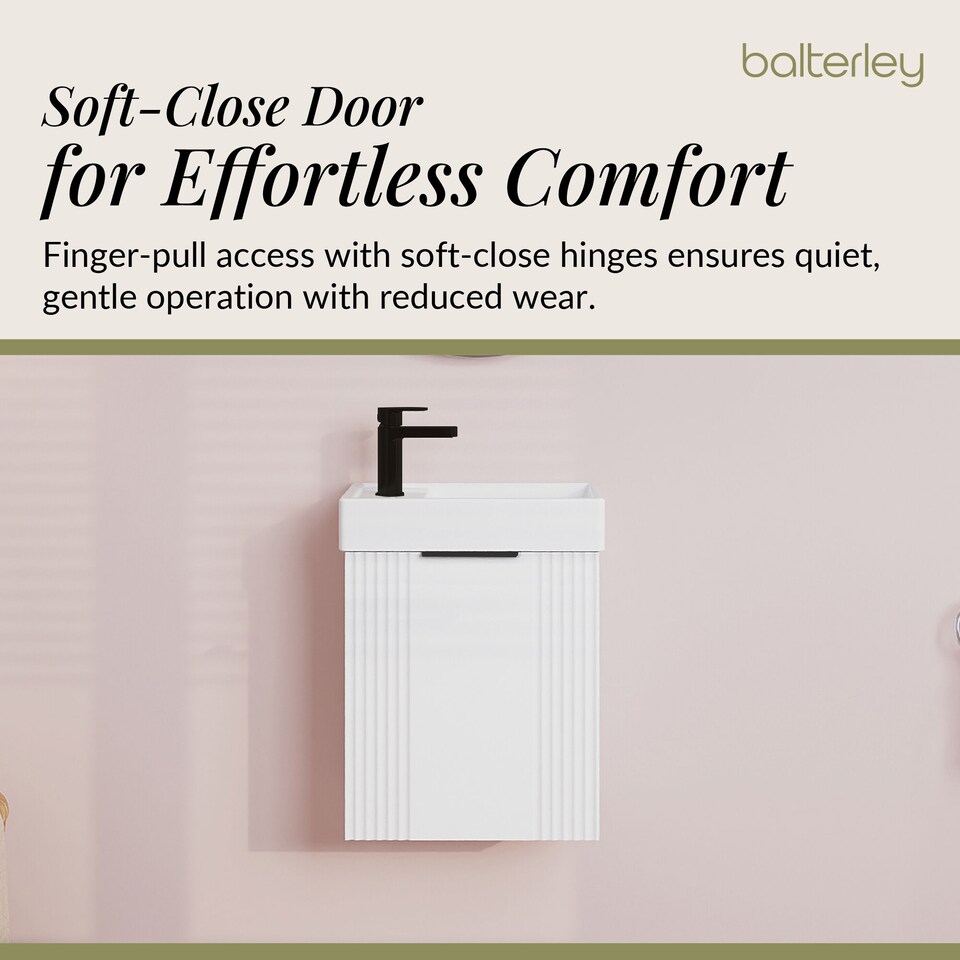 image 1 of Balterley Wall Hung Cloakroom Vanity Basin Unit with Handle Compact Bathroom Storage | White | Satin White | 438 x 400 x 222mm | 1